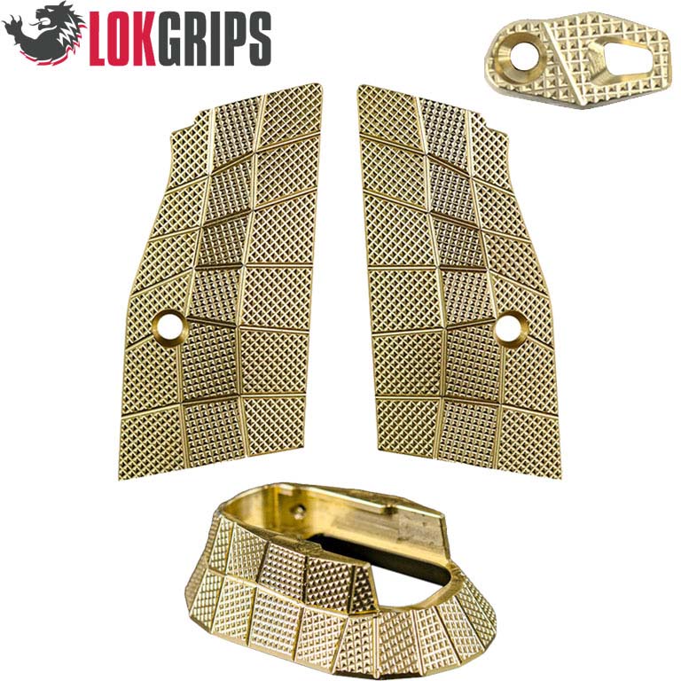 CZ TS 2, CZ 75 Tactical Sports brass Gridlok set - magwell, grips & button